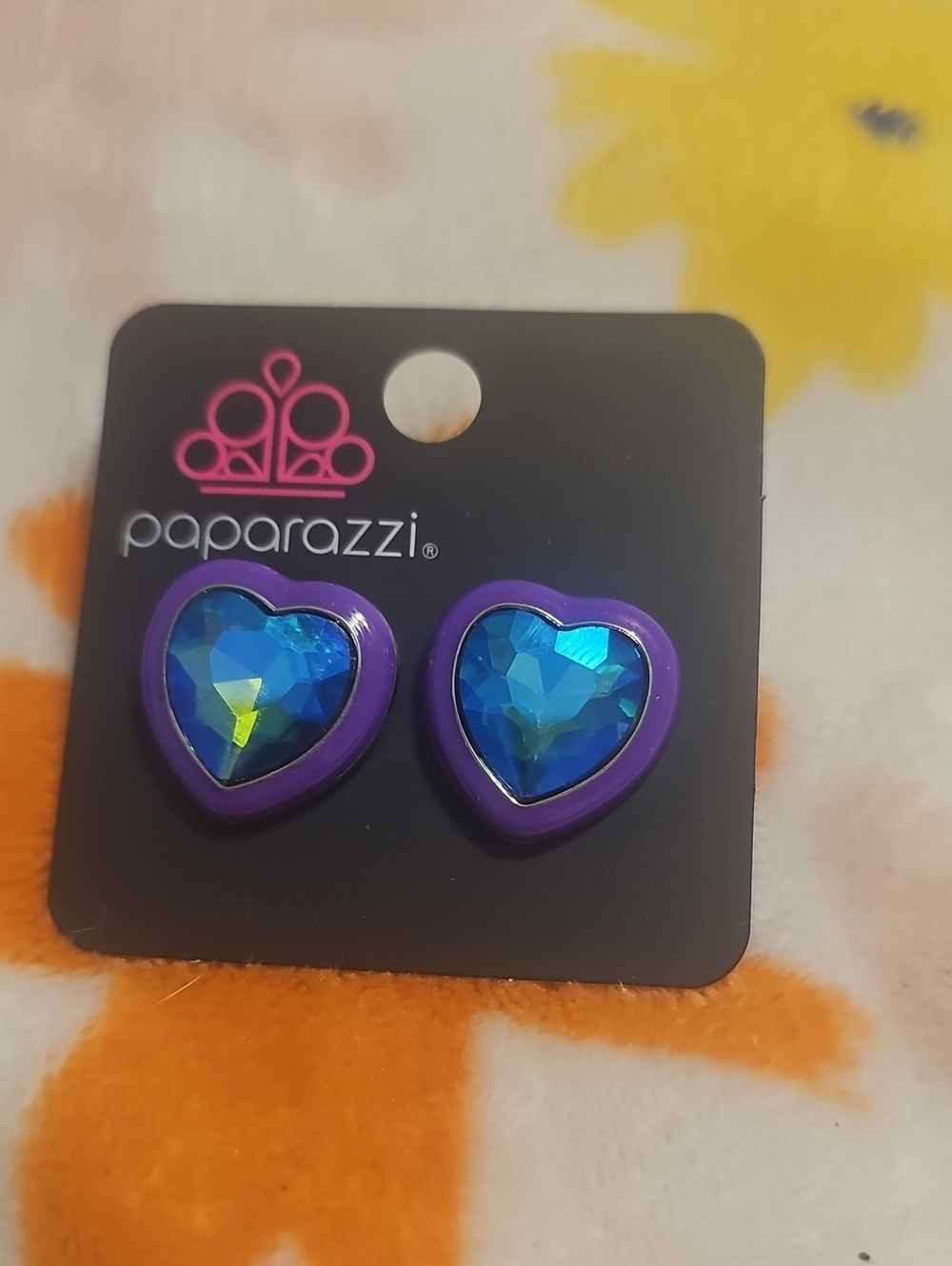 paparazzi Purple Heart Earrings with Blue Crystal Centers